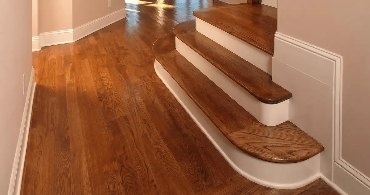 Base floor of a staircase with professionally restored wood flooring in Ann Arbor MI
