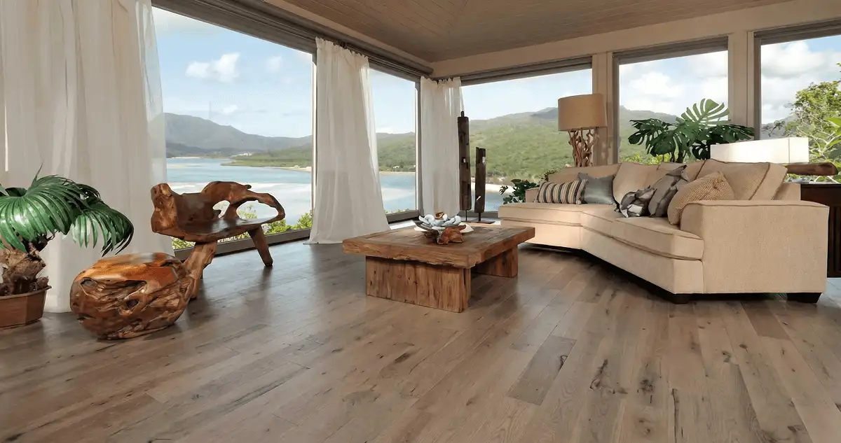 Professionally installed vinyl flooring in a modern living room with large windows in Ann Arbor, MI